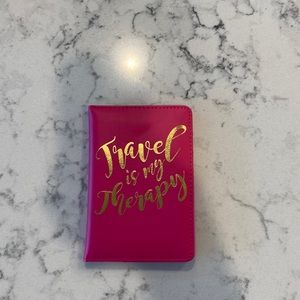 Women’s Passport cover, Pink with gold letters. Travel is my Therapy.